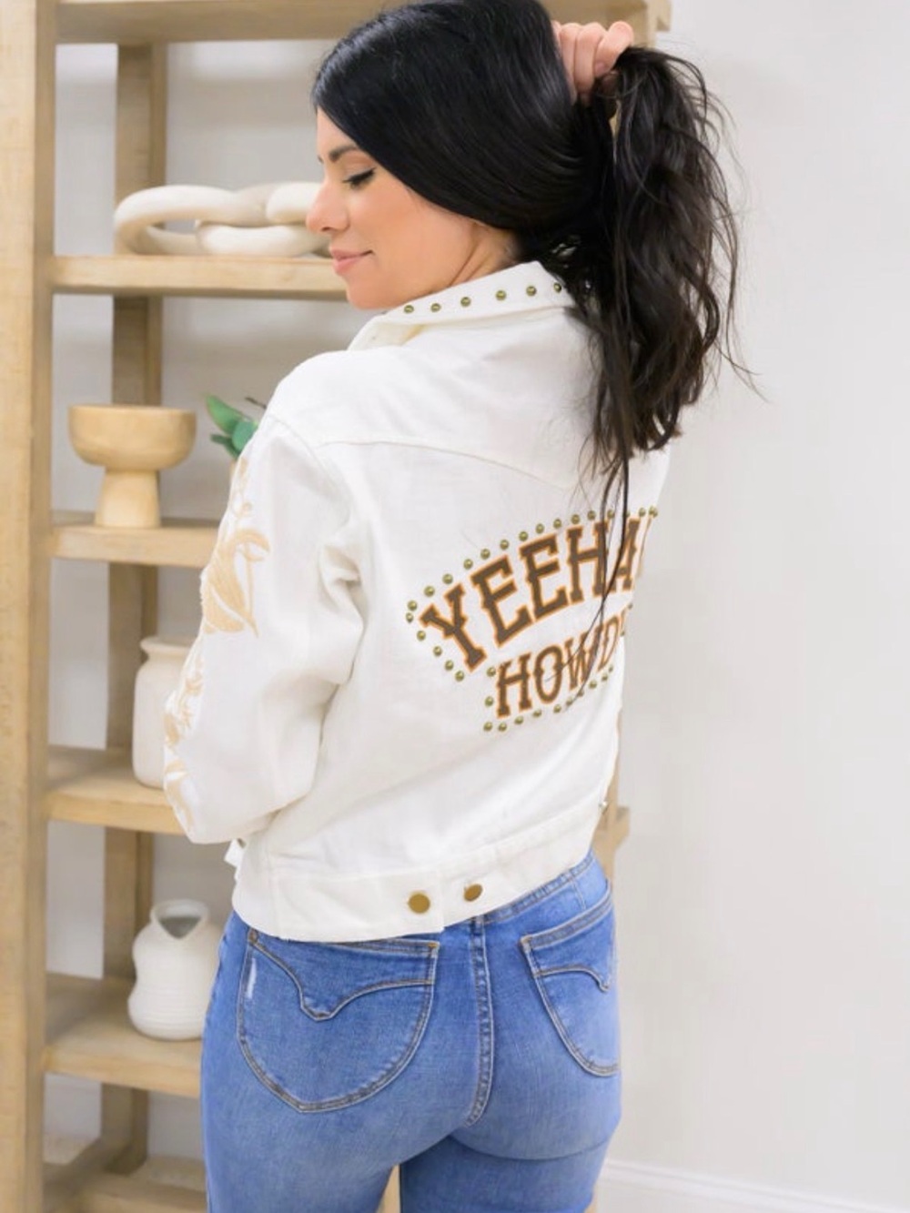 White Studded 'Yeehaw Howdy' Embroidered Denim Jacket